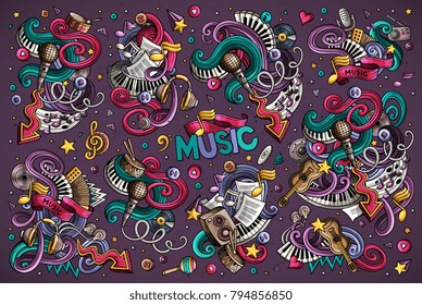 Colorful vector hand drawn doodles cartoon set of music combinations of objects and elements