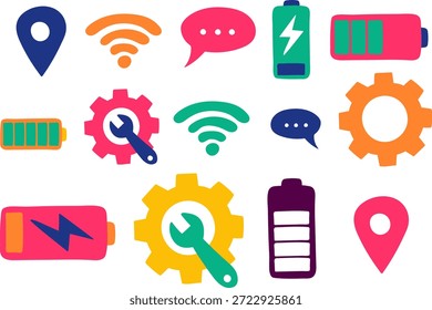 colorido vetor mão desenhado ícones de gadget e símbolos digitais web definido com bateria wifi engrenagem e mensagem fundo isolado