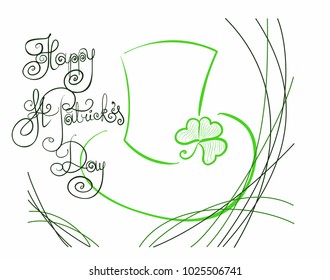 Colorful vector of hand drawn green abstract hat with shamrock clover and phrase "Happy Saint Patrick's Day" for greeting card on white background, isolated illustration, high quality