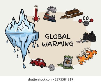 Colorful vector hand drawn illustration with melting iceberg and symbols of global warming and climate change