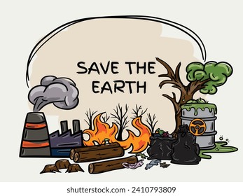 Colorful vector hand drawn illustration with melting iceberg and symbols of global warming and climate change