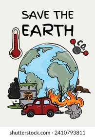 Colorful vector hand drawn illustration with melting iceberg and symbols of global warming and climate change