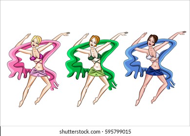 Colorful vector hand drawn  illustration of 3 young beautiful dancing women for your design