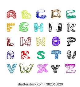 Colorful vector hand drawn letters set. Funny alphabet on white background. Vector stock