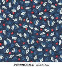 Colorful vector hand drawn pattern with autumn oak leaves and acorns on the blue background. Fall ornament with foliage.