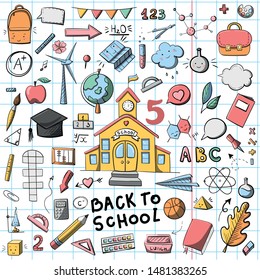 Colorful vector hand drawn school doodle illustration. Illustration for card, stickers, print, scrapbook, notebook cover, book,  logo, social media, invitation or other design