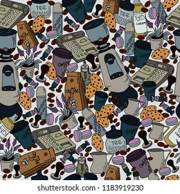 Colorful vector hand drawn seamless pattern with Coffee shop doodles