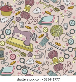 Colorful vector hand drawn seamless pattern of object Hand Made cartoon doodle, symbols and items.