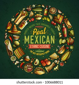 Colorful vector hand drawn set of Mexican food cartoon doodle objects, symbols and items. Round frame composition