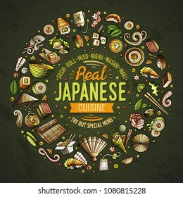 Colorful vector hand drawn set of Japanese food cartoon doodle objects, symbols and items. Round frame composition