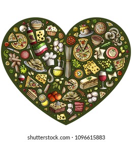 Colorful vector hand drawn set of Italian food cartoon doodle objects, symbols and items. Heart form composition