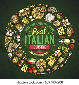 Colorful vector hand drawn set of Italian food cartoon doodle objects, symbols and items. Round frame composition