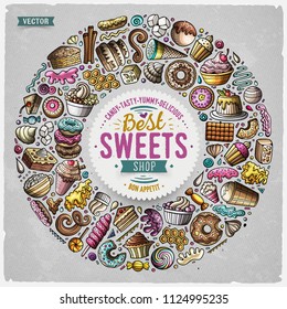 Colorful vector hand drawn set of Sweet food cartoon doodle objects, symbols and items. Round frame composition