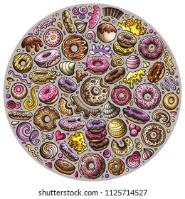 Colorful vector hand drawn set of Donuts cartoon doodle objects, symbols and items. Round composition