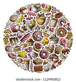 Colorful vector hand drawn set of Sweet food cartoon doodle objects, symbols and items. Round composition