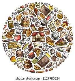 Colorful vector hand drawn set of School cartoon doodle objects, symbols and items. Round composition
