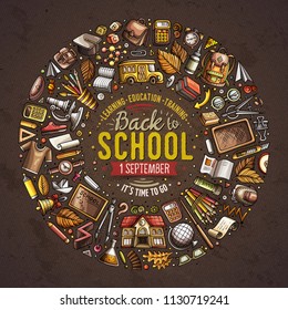 Colorful vector hand drawn set of School cartoon doodle objects, symbols and items. Round frame composition