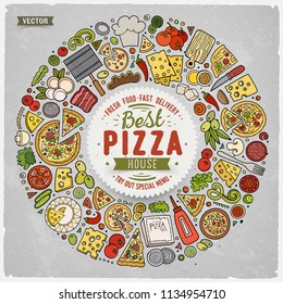 Colorful vector hand drawn set of Pizza cartoon doodle objects, symbols and items. Round frame composition