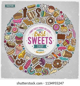 Colorful vector hand drawn set of Sweet food cartoon doodle objects, symbols and items. Round frame composition