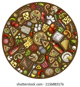 Colorful vector hand drawn set of Pizza cartoon doodle objects, symbols and items. Round composition