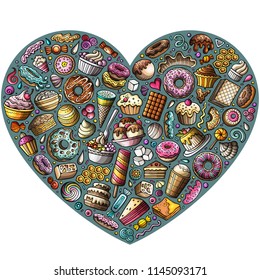 Colorful vector hand drawn set of Sweet food cartoon doodle objects, symbols and items. heart form composition