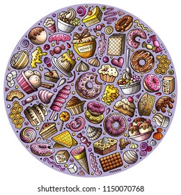 Colorful vector hand drawn set of Sweet food cartoon doodle objects, symbols and items. Round composition