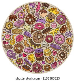 Colorful vector hand drawn set of Donuts cartoon doodle objects, symbols and items. Round composition