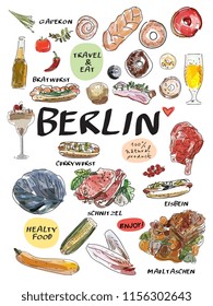Colorful vector hand drawn set of food with lettering. Hand lettering for your designs: logo, for posters, invitations, cards, etc. White background.