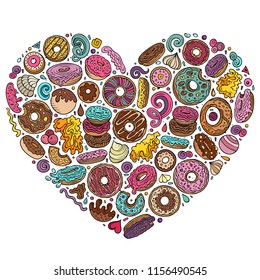 Colorful vector hand drawn set of Donuts cartoon doodle objects, symbols and items. Heart form composition