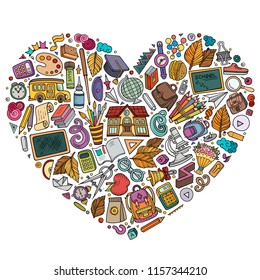 Colorful vector hand drawn set of School cartoon doodle objects, symbols and items. Heart form composition
