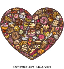 Colorful vector hand drawn set of Sweet food cartoon doodle objects, symbols and items. heart form composition