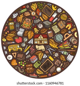 Colorful vector hand drawn set of School cartoon doodle objects, symbols and items. Round composition