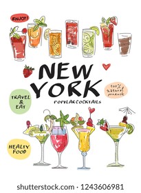 Colorful vector hand drawn set of with lettering "New York". Hand lettering for your designs: logo, for posters, invitations, cards, etc. White background.