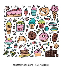Colorful vector hand drawn set of Sweet food cartoon doodle objects, symbols and items. Round frame composition
