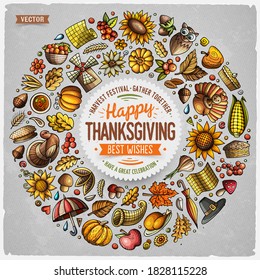 Colorful vector hand drawn set of Happy Thanksgiving cartoon doodle objects, symbols and items. Round frame composition