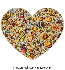 Colorful vector hand drawn set of Happy Thanksgiving cartoon doodle objects, symbols and items. Heart form composition