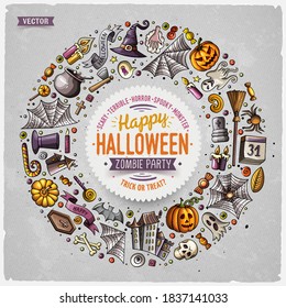 Colorful vector hand drawn set of Halloween cartoon doodle objects, symbols and items. Round frame composition