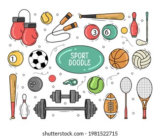 Colorful vector hand drawn set of Sport cartoon doodle objects, symbols and items. Hand drawn vector illustration