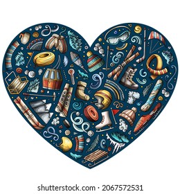 Colorful vector hand drawn set of Winter Sports cartoon doodle objects, symbols and items. Round frame composition