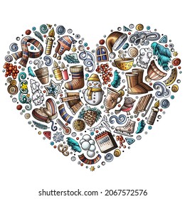 Colorful vector hand drawn set of Winter cartoon doodle objects, symbols and items. Heart form composition