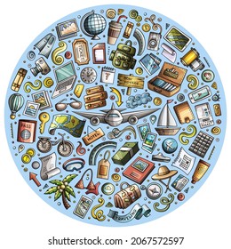 Colorful vector hand drawn set of Travel cartoon doodle objects, symbols and items. Round composition