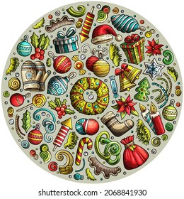 Colorful vector hand drawn set of New Year cartoon doodle objects, symbols and items. Round composition
