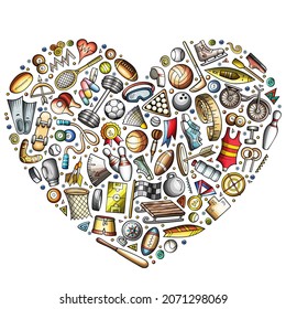 Colorful vector hand drawn set of Sport cartoon doodle objects, symbols and items. Heart form composition