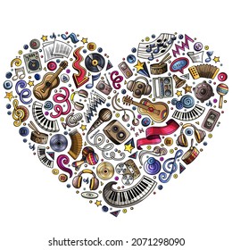 Colorful vector hand drawn set of Music cartoon doodle objects, symbols and items. Heart form composition