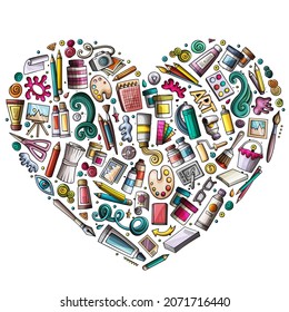 Image vectorielle colorée ensemble d'objets, de symboles et d'objets de gribouillage dessinés à la main. Composition du coeur