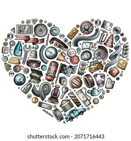 Colorful vector hand drawn set of Automobile cartoon doodle objects, symbols and items. Heart composition