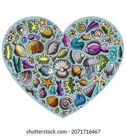 Colorful vector hand drawn set of Underwater life cartoon doodle objects, symbols and items. Heart form composition