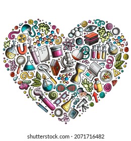 Colorful vector hand drawn set of Science cartoon doodle objects, symbols and items. Heart form composition