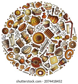 Colorful vector hand drawn set of Coffee cartoon doodle objects, symbols and items. Round composition