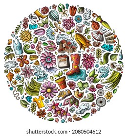 Colorful vector hand drawn set of Spring cartoon doodle objects, symbols and items. Round composition